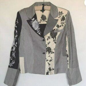 Due Per Due Silk Blend Embroidered Patchwork White & Black Blazer Jacket Sz 6